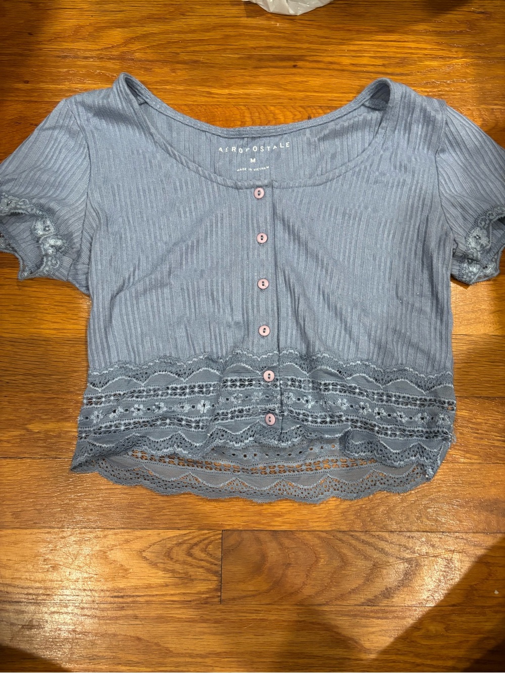 Aeropostale Dusty Blue Ribbed Lace-Trim Button Crop Top